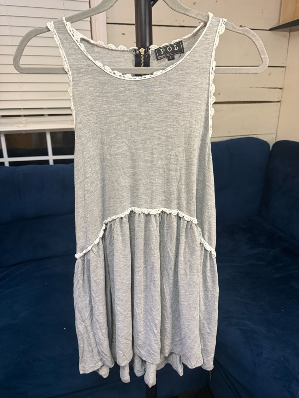 POL Gray Tank with White Crochet Neckline